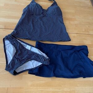 Lands End 3pc Swimsuit Tankini Skirt Polka Dot Bathing Suit Navy Blue 6/10